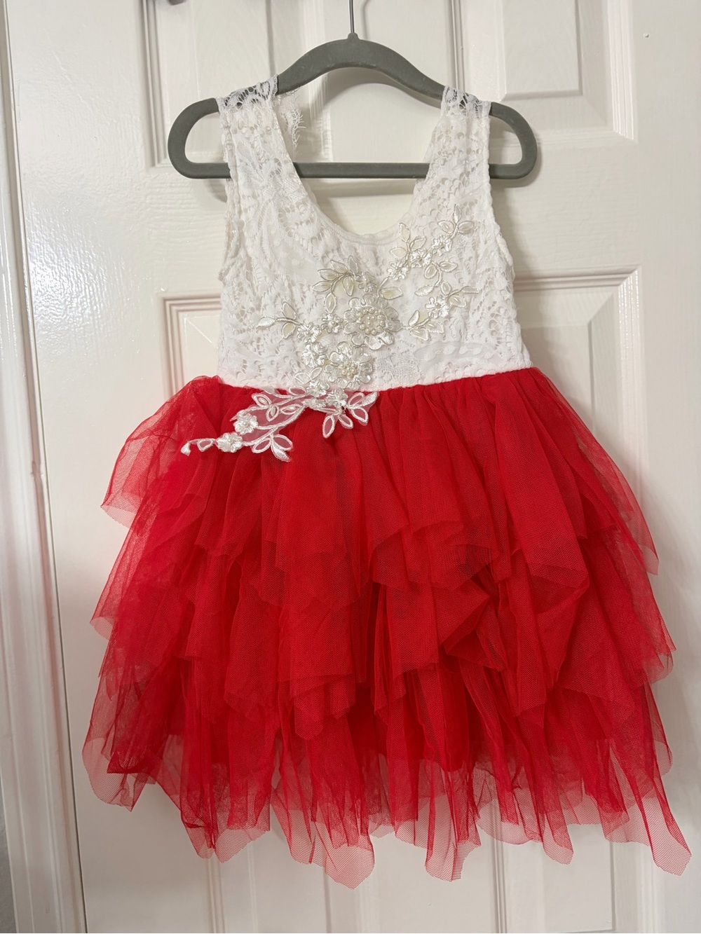 Girls Red & White Lace Tulle Party Dress 3-4y